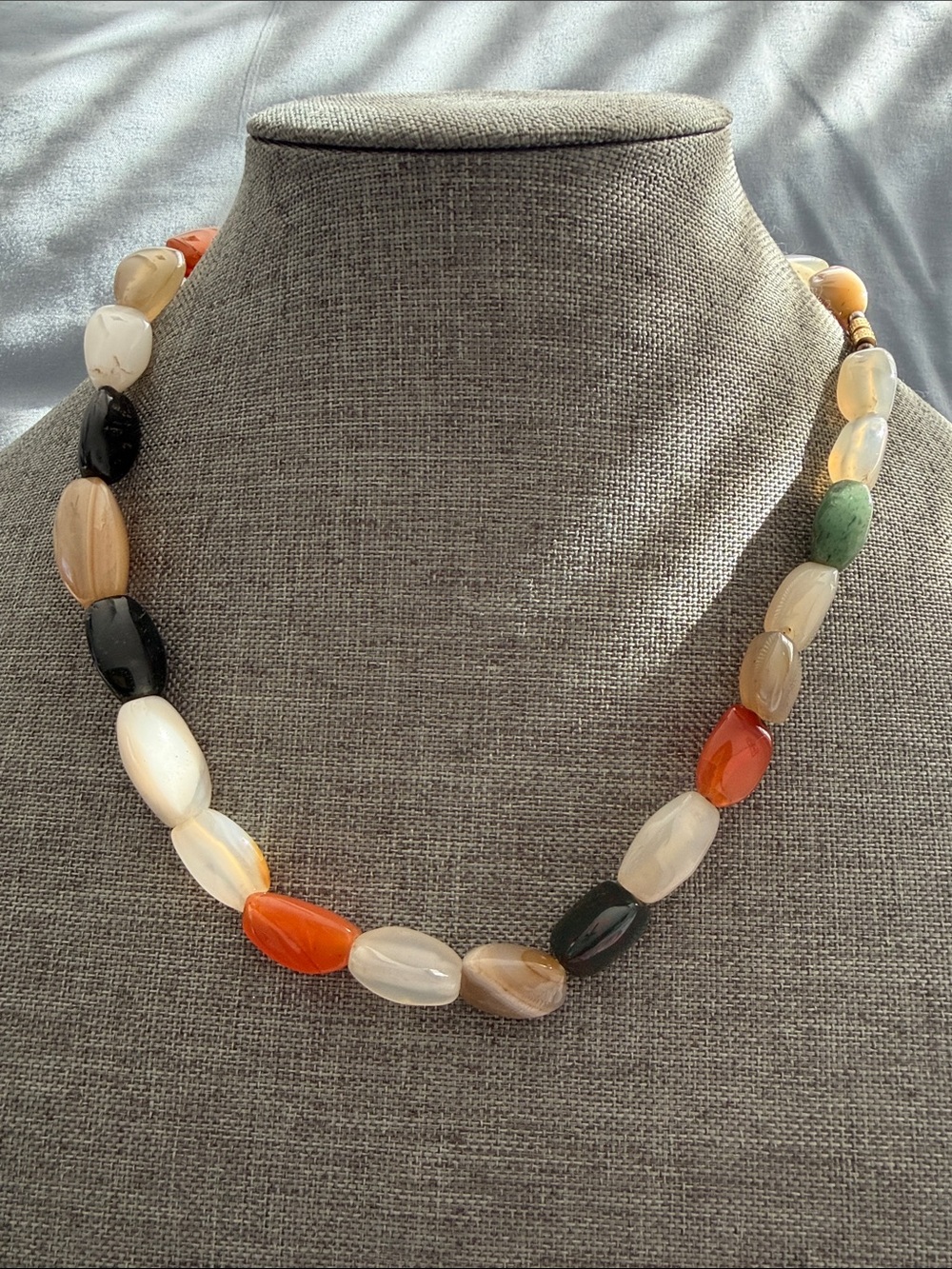 Multicolor Semi-Precious Bead Necklace in Orange, Black, Green and Cream